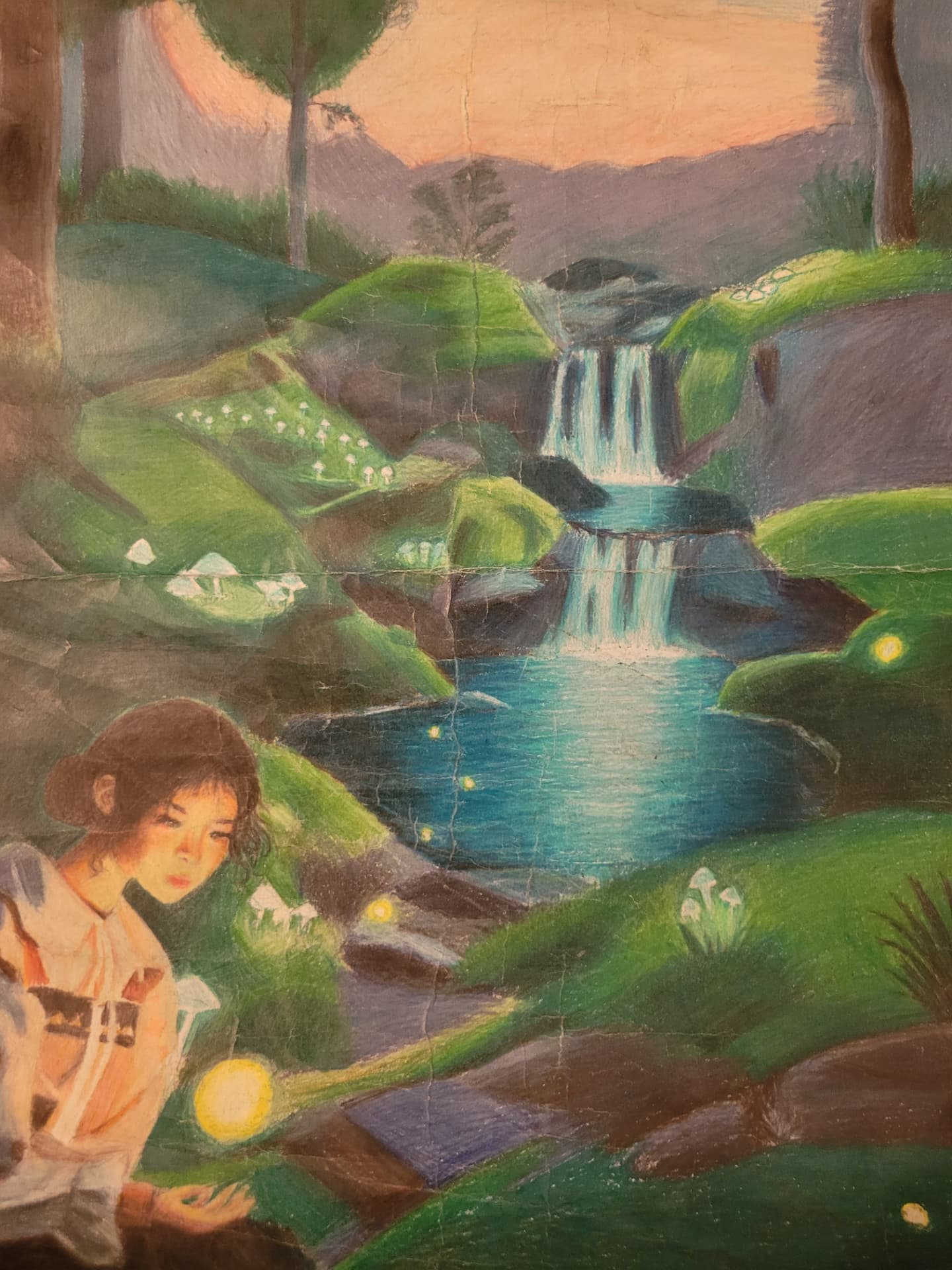 Enchanted Falls — pencil crayon landscape of a waterfall with a figure holding a light